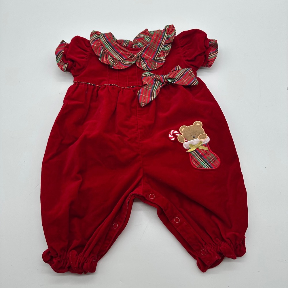 B.T. Kids Red Velvet Velour Christmas Romper Plaid Trim Teddy Bear 3-6 Month VTG
